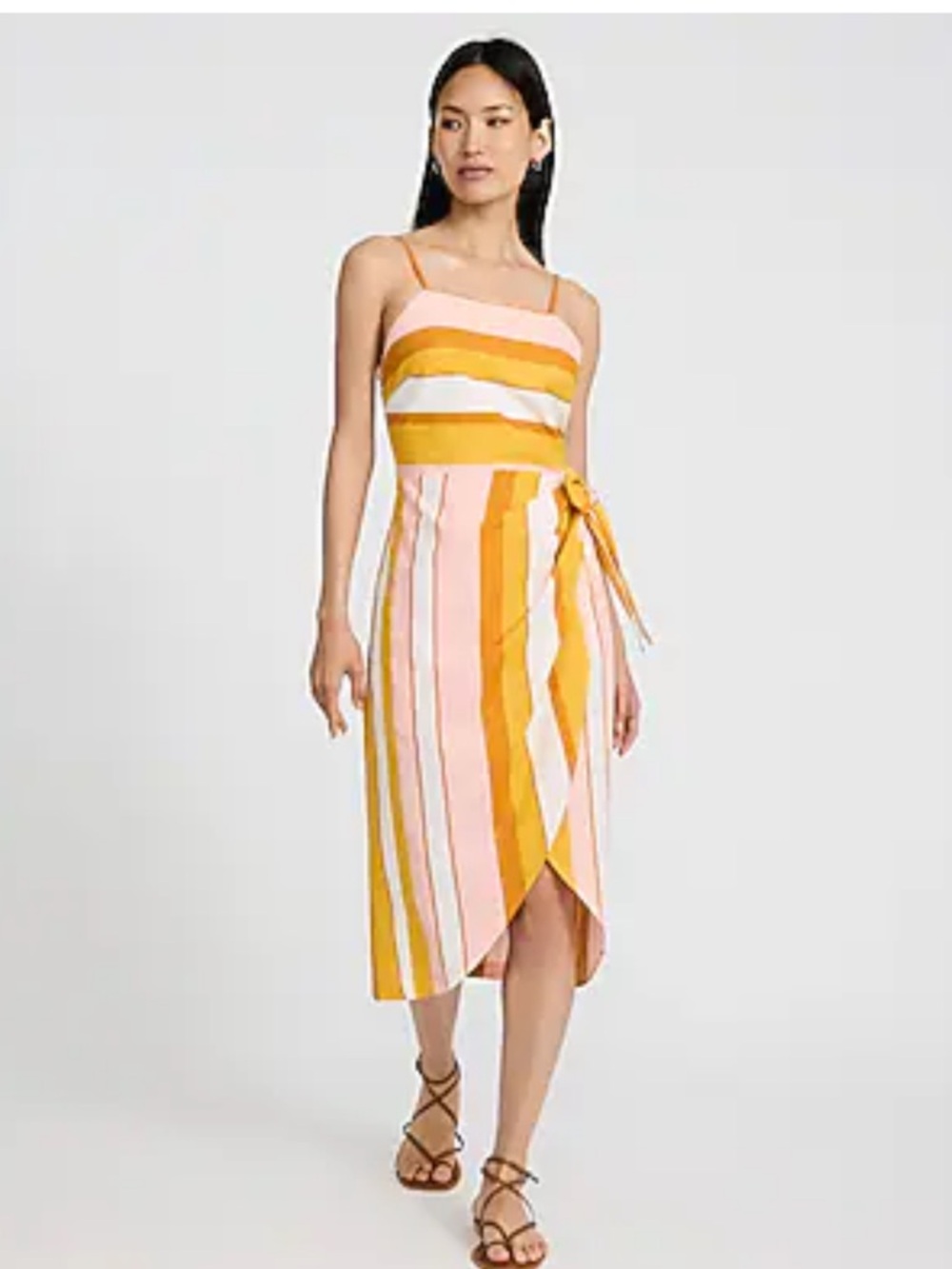 Express Striped Tie-Waist Midi Dress in Pink, Mustard & White